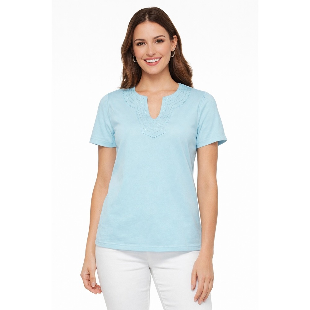 Rafaella Women's Small Blue Short Sleeve Top Cotton Embroidered Split Neck Casua